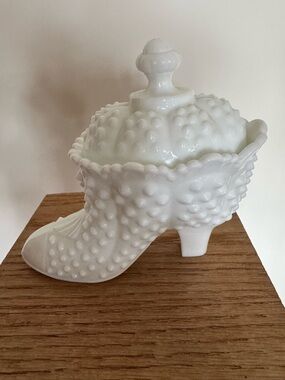 Fenton White Hobnail Milk Glass Shoe  with Lid